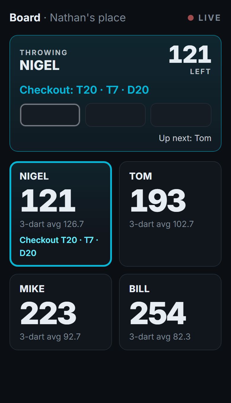The live follow view on a phone, showing the same game of 501.